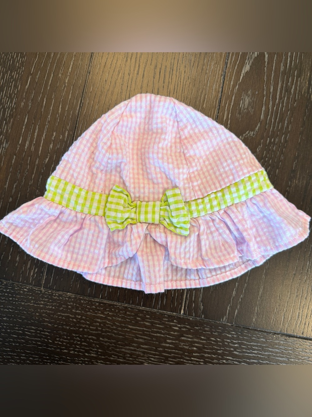 Baby Girl 3-6M Pink & Green Gingham Seersucker Sun Hat Bonnet ADORABLE